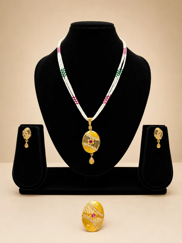 Golden_Beaded_Pearl_Necklace_Set_With_Matching_Earrings_And_Ring