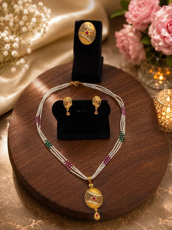 Golden_Beaded_Pearl_Necklace_Set_With_Matching_Earrings_And_Ring