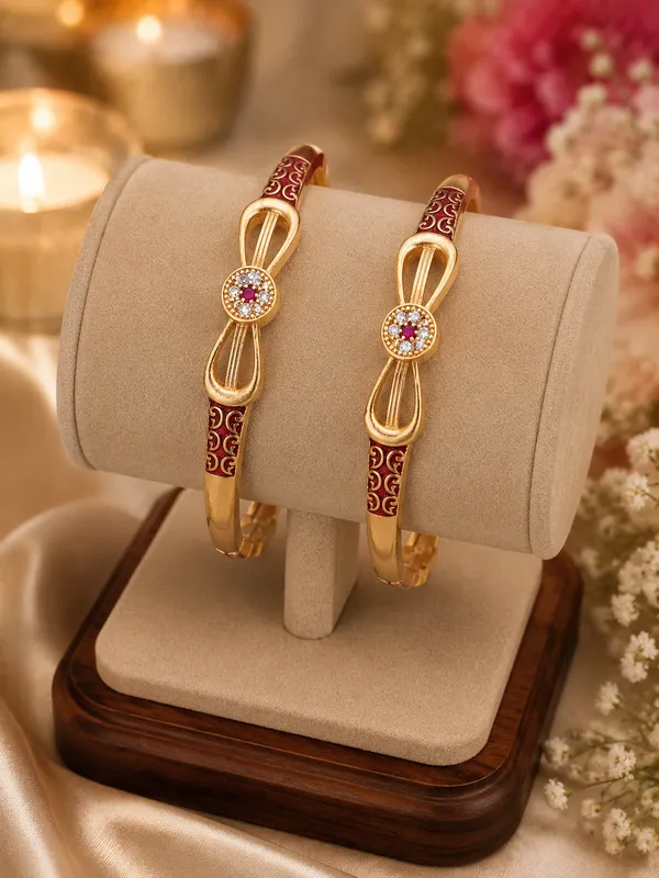 Gold_Plated_Red_Enamel_Bow_Design_Kada_Bangle_For_Women