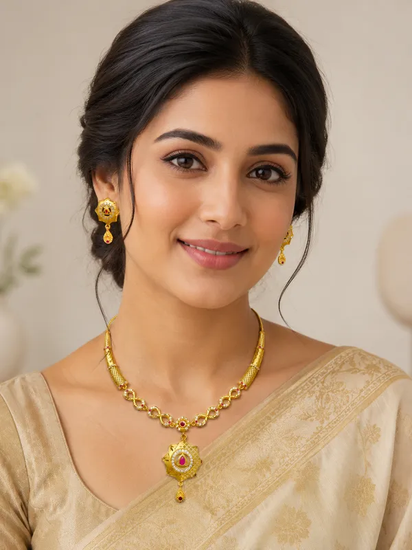 Gold_Plated_Pink_Stone_Necklace_Set_With_Matching_Earrings