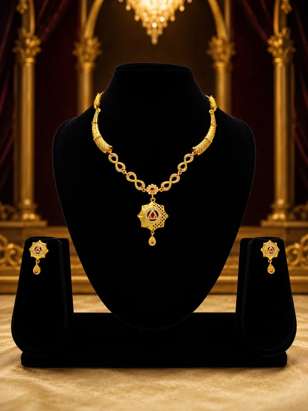 Gold_Plated_Pink_Stone_Necklace_Set_With_Matching_Earrings