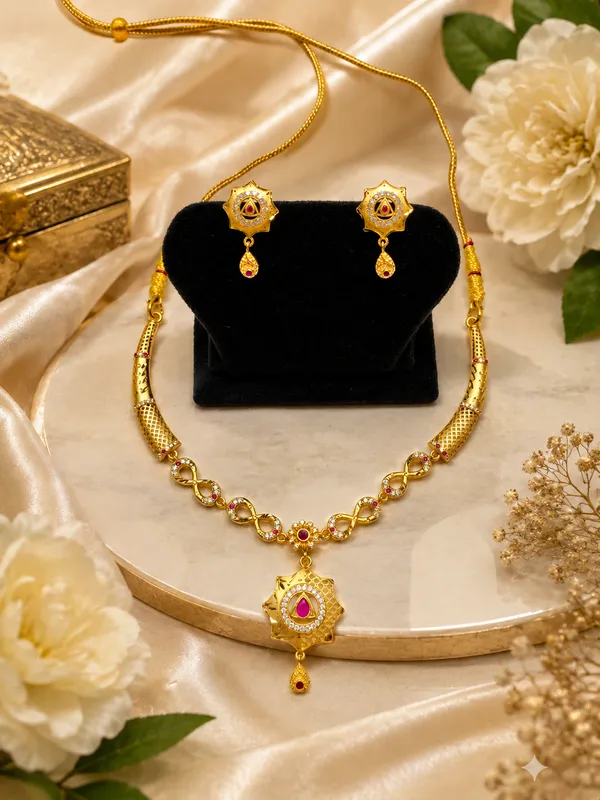 Gold_Plated_Pink_Stone_Necklace_Set_With_Matching_Earrings