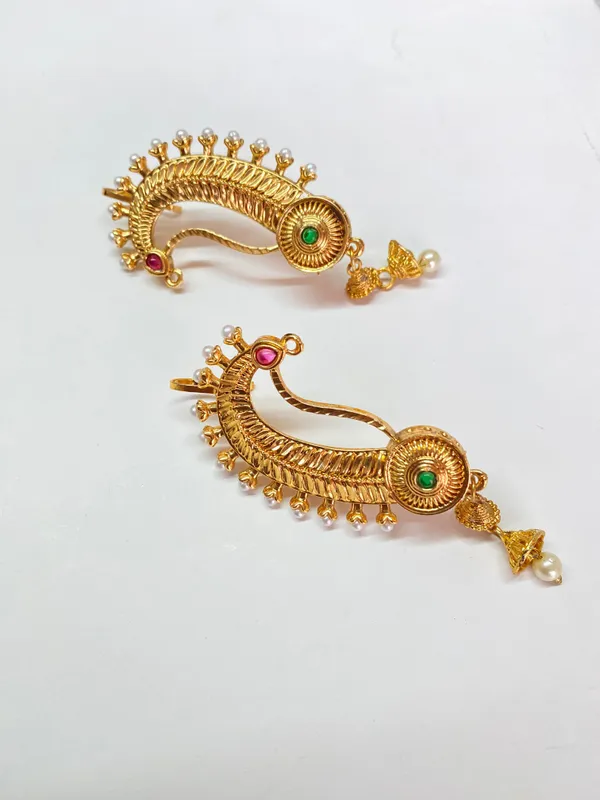 Gold_Plated_Peacock_Design_Ear_Cuffs_With_Ruby_And_Emerald_Stones