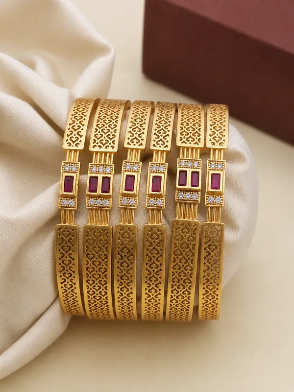 Gold_Plated_Ruby_Studded_Filigree_Bangle_Set_For_Women