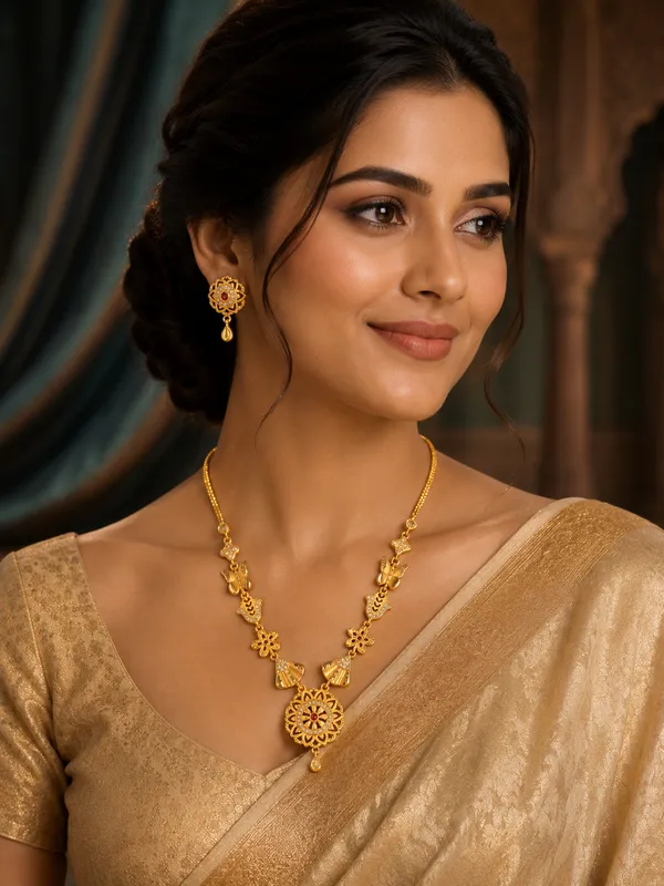 Golden_Floral_Necklace_Set_With_Matching_Earrings_For_Women