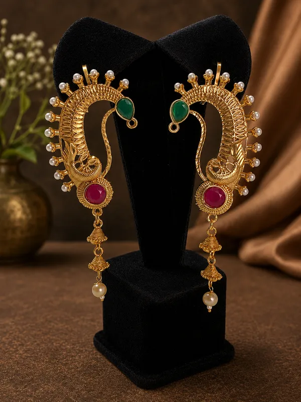Gold_Plated_Peacock_Design_Earrings_Ear_Cuffs_With_Green_And_Pink_Stones