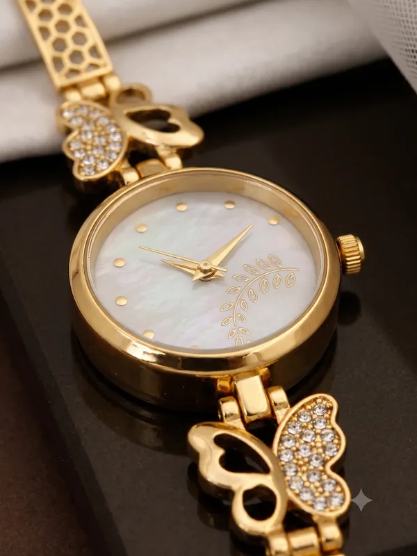Butterfly_Charm_High_Gold_Plated_Bracelet_Watch_With_Embedded_AD_|_Honeycomb_Pattern_Strap_with_Adjustable_Chain_&_Crystal_Accents