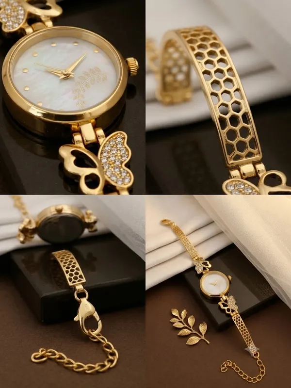 Butterfly_Charm_High_Gold_Plated_Bracelet_Watch_With_Embedded_AD_|_Honeycomb_Pattern_Strap_with_Adjustable_Chain_&_Crystal_Accents