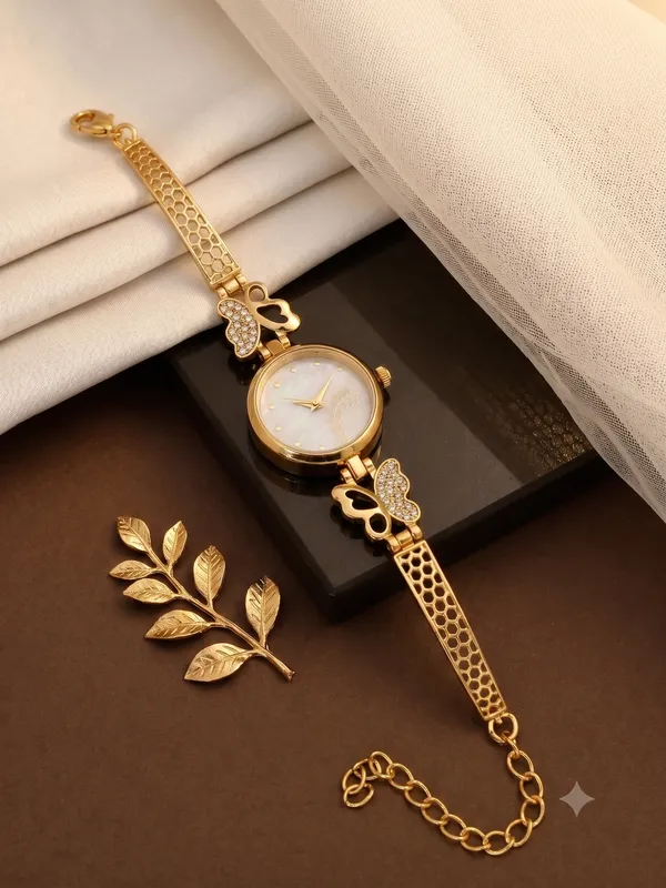 Butterfly_Charm_High_Gold_Plated_Bracelet_Watch_With_Embedded_AD_|_Honeycomb_Pattern_Strap_with_Adjustable_Chain_&_Crystal_Accents