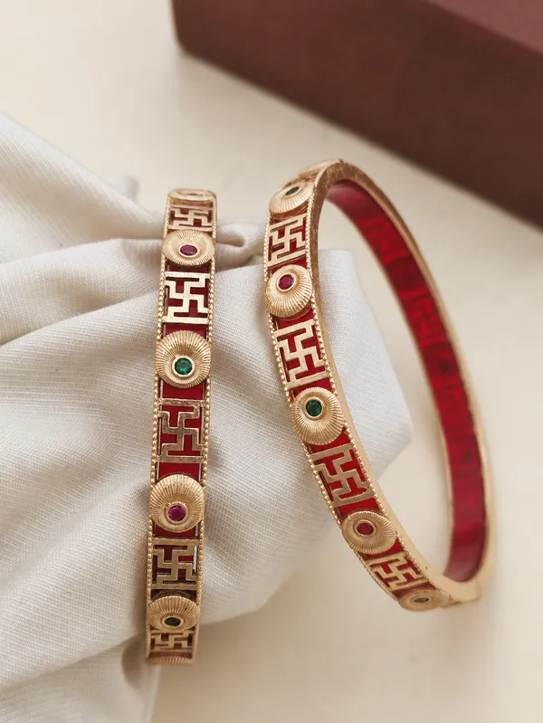 Gold_Plated_Red_Enamel_Swastik_Design_Bangles_For_Women