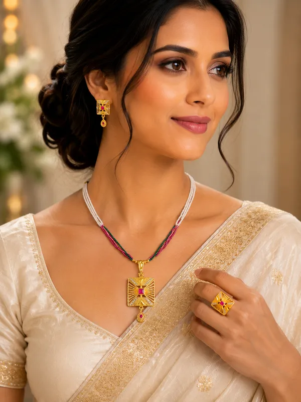 Gold_Plated_Pink_Stone_Rectangular_Pendant_Necklace_Set_With_Earrings
