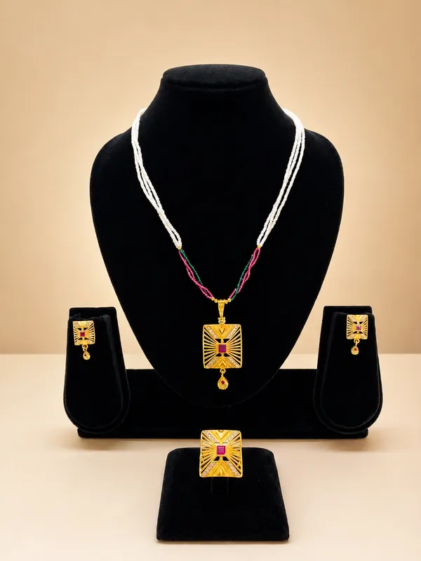 Gold_Plated_Pink_Stone_Rectangular_Pendant_Necklace_Set_With_Earrings