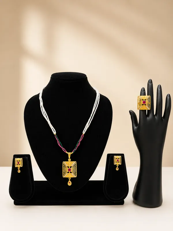 Gold_Plated_Pink_Stone_Rectangular_Pendant_Necklace_Set_With_Earrings