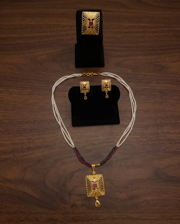 Gold_Plated_Pink_Stone_Rectangular_Pendant_Necklace_Set_With_Earrings