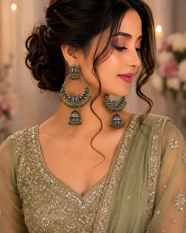 Silver_Oxidized_Jhumka_Earrings_With_Green_Beads_For_Women