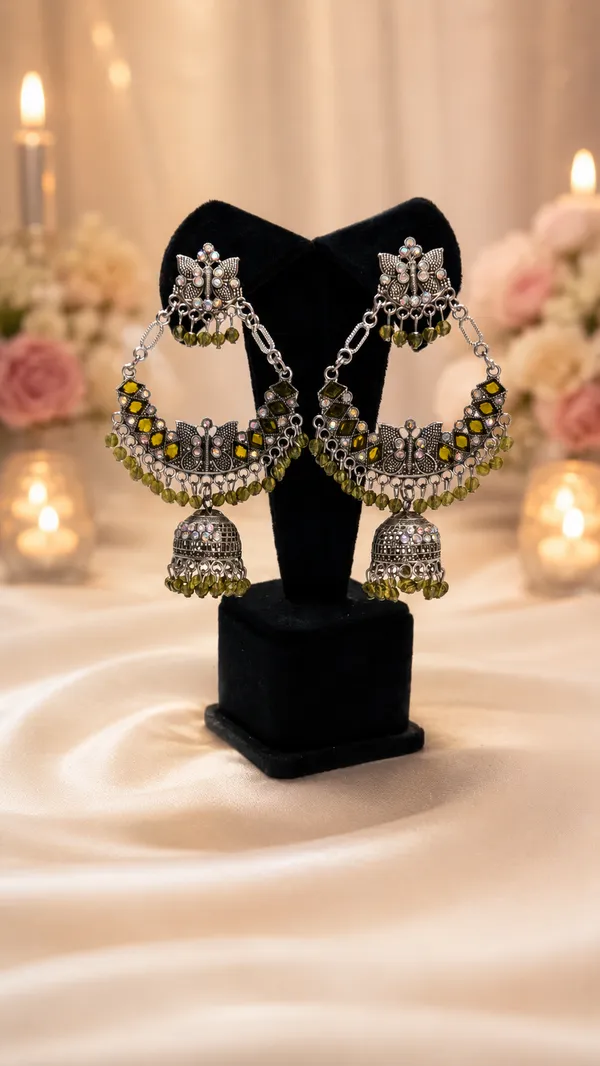 Silver_Oxidized_Jhumka_Earrings_With_Green_Beads_For_Women