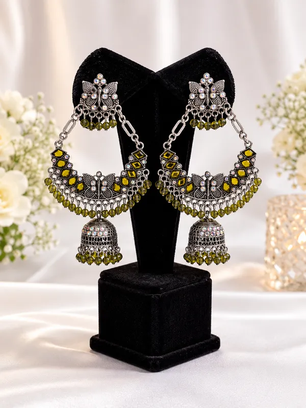 Silver_Oxidized_Jhumka_Earrings_With_Green_Beads_For_Women