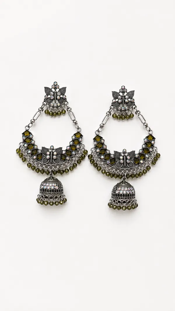 Silver_Oxidized_Jhumka_Earrings_With_Green_Beads_For_Women