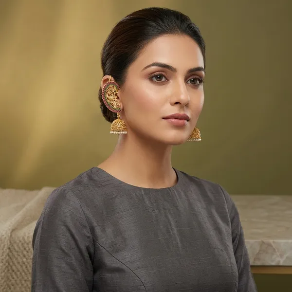 Gold_Tone_Peacock_Jhumka_Earrings_Ear_Cuffs_With_Multicolor_Stones