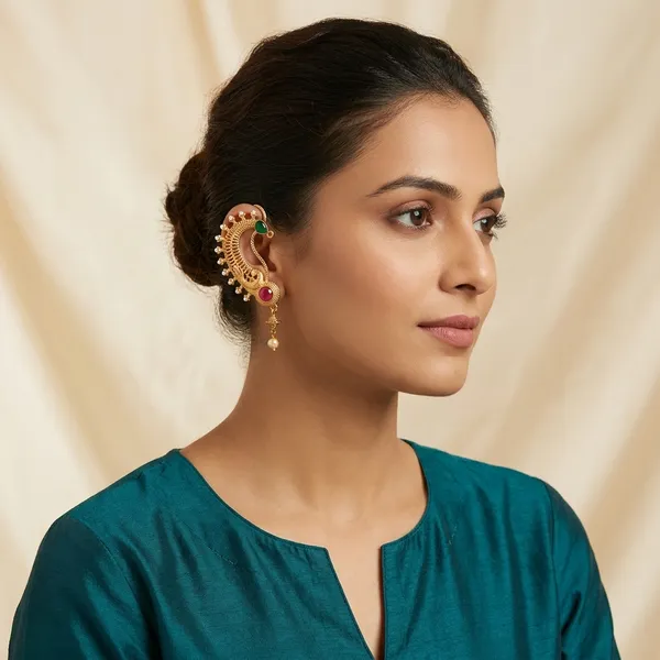 Gold_Plated_Peacock_Design_Earrings_Ear_Cuffs_With_Green_And_Pink_Stones
