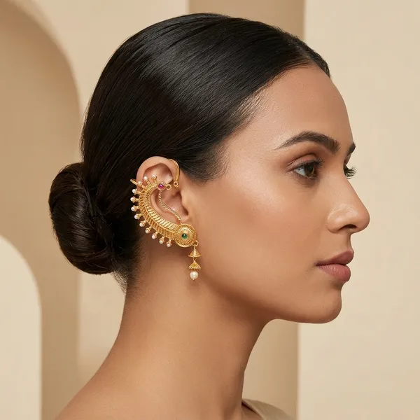 Gold_Plated_Peacock_Design_Ear_Cuffs_With_Ruby_And_Emerald_Stones