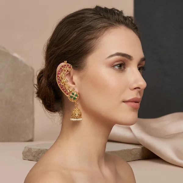 Gold_Plated_Ruby_With_Green_Peacock_Earrings_Ear_Cuffs_For_Women