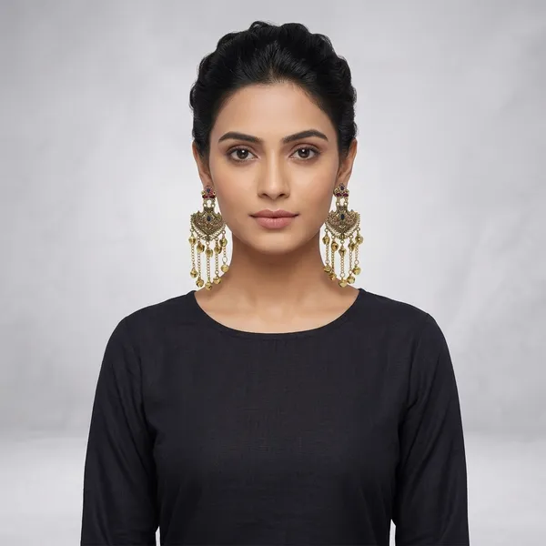Golden_Antique_Finish_Chandbali_Earrings_With_Hanging_Bells_For_Women