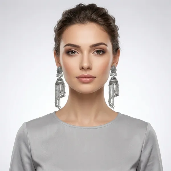 Silver_Oxidized_Jhumka_Earrings_With_Chain_Tassels