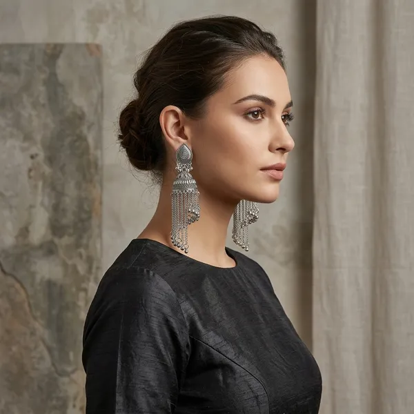 Silver_Oxidized_Jhumka_Earrings_With_Chain_Tassels