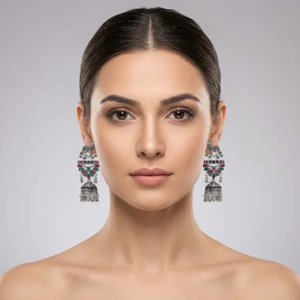 Oxidised_Silver_Deer_Motif_Jhumka_Earrings_With_Multicolor_Stones