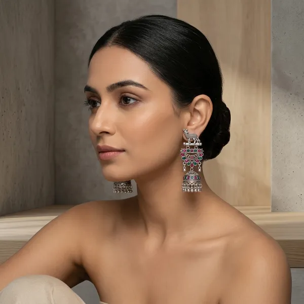 Oxidised_Silver_Deer_Motif_Jhumka_Earrings_With_Multicolor_Stones