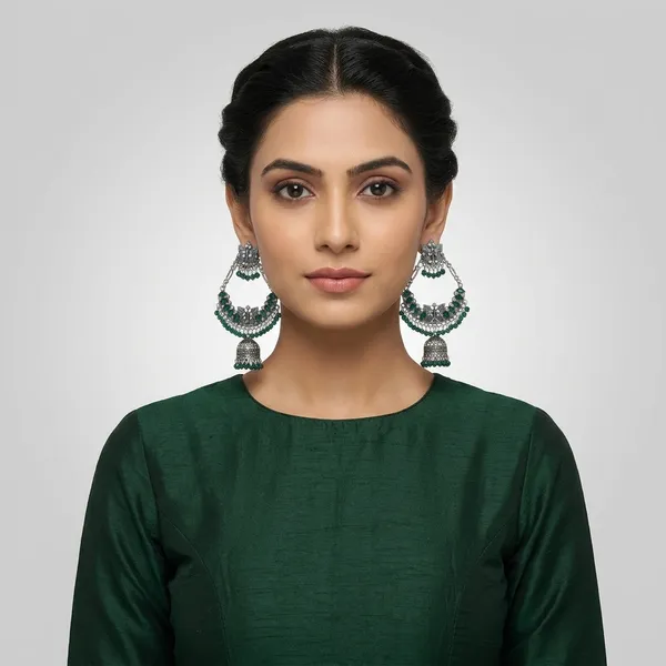 Oxidised_Silver_Green_Beaded_Chandbali_Jhumka_Earrings