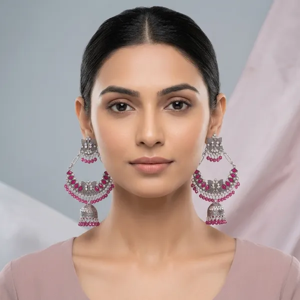 Silver_Oxidised_Pink_Beaded_Jhumka_Earrings_For_Women