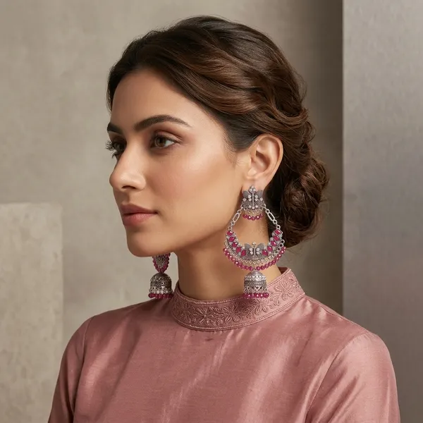 Silver_Oxidised_Pink_Beaded_Jhumka_Earrings_For_Women