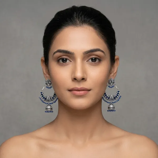 Oxidized_Silver_Chandbali_Jhumka_Earrings_With_Blue_Beads