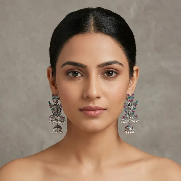 Silver_Oxidized_Peacock_Jhumka_Earrings_With_Pink_And_Green_Stones