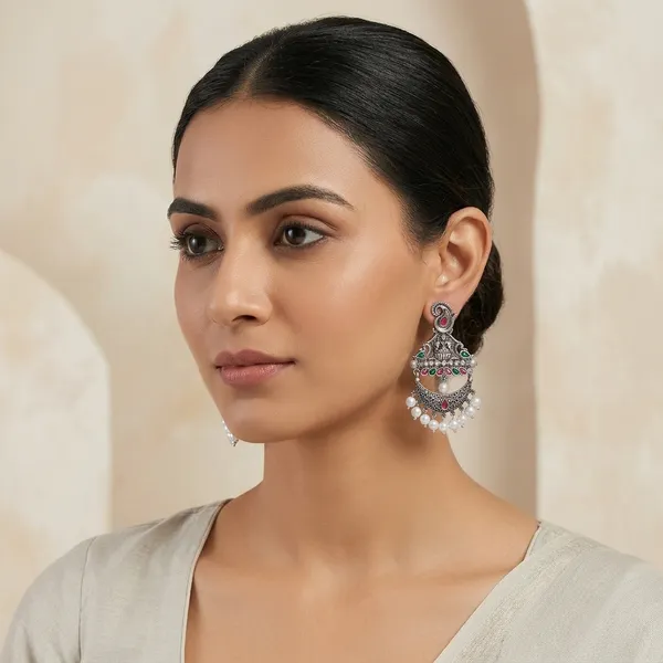 Silver_Oxidized_Peacock_Motif_Chandbali_Earrings_With_Pearl_Drops