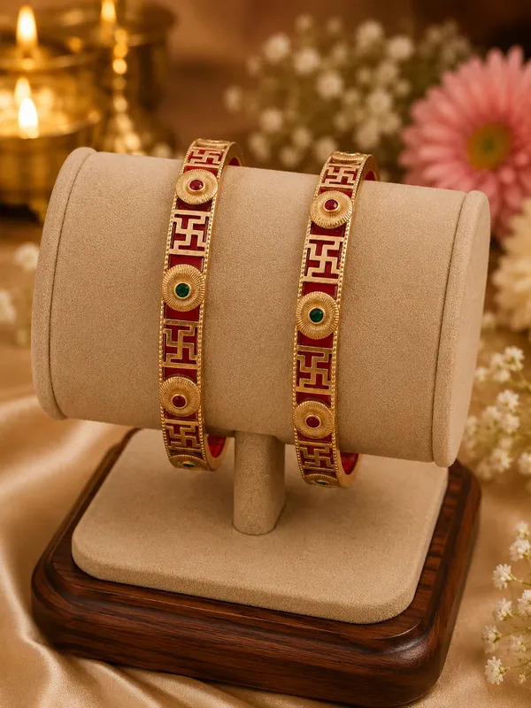 Gold_Plated_Red_Enamel_Swastik_Design_Bangles_For_Women