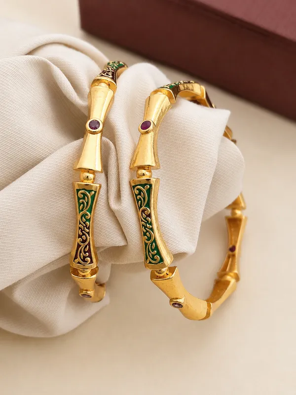 Gold_Plated_Green_Enamel_Bamboo_Design_Bangles_For_Women