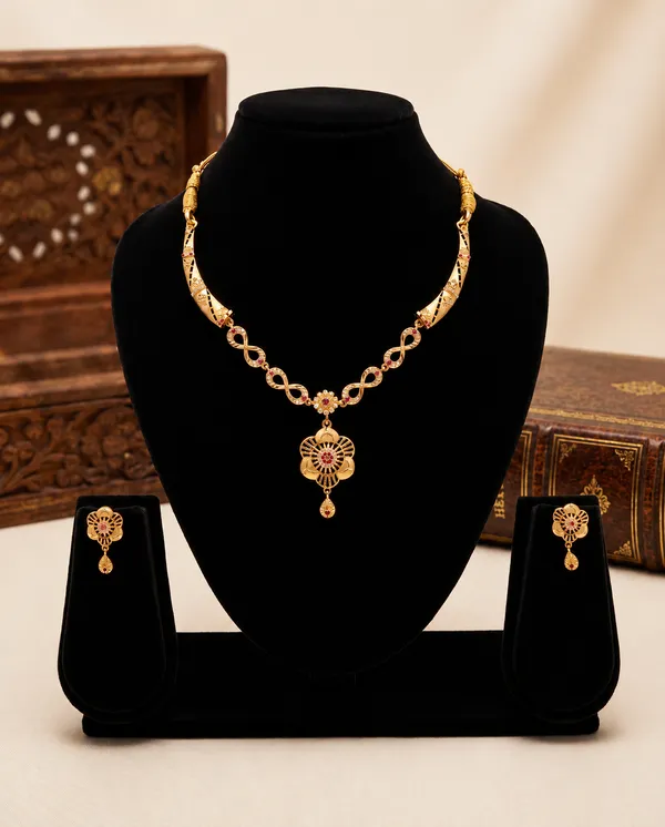 Golden_Floral_Necklace_Set_With_Matching_Earrings