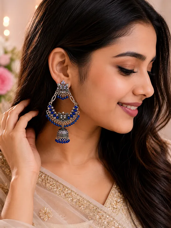 Oxidized_Silver_Chandbali_Jhumka_Earrings_With_Blue_Beads