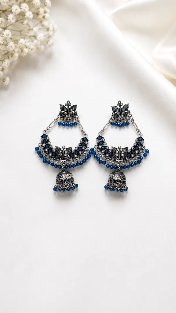 Oxidized_Silver_Chandbali_Jhumka_Earrings_With_Blue_Beads