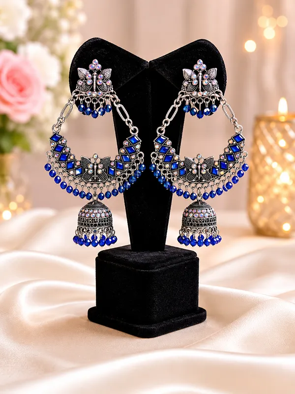 Oxidized_Silver_Chandbali_Jhumka_Earrings_With_Blue_Beads
