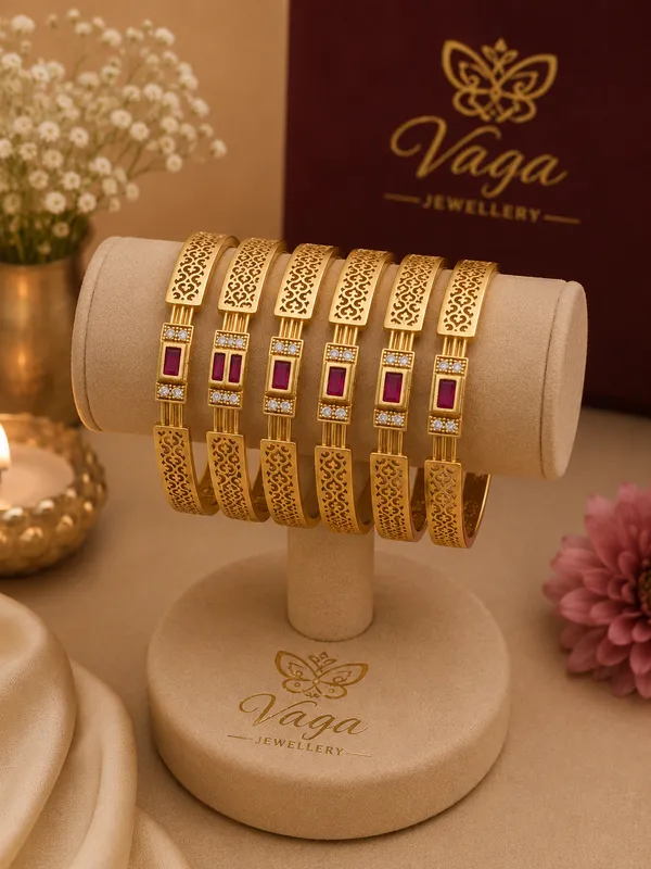 Gold_Plated_Ruby_Studded_Filigree_Bangle_Set_For_Women