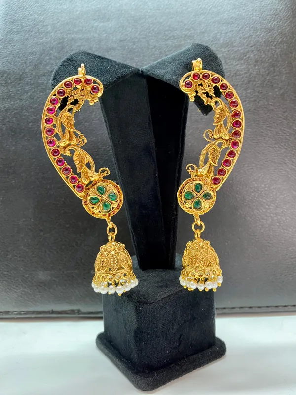 Gold_Plated_Ruby_With_Green_Peacock_Earrings_Ear_Cuffs_For_Women