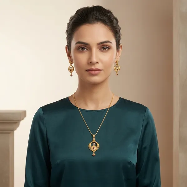 Golden_Floral_Pendant_Necklace_Set_With_Matching_Earrings