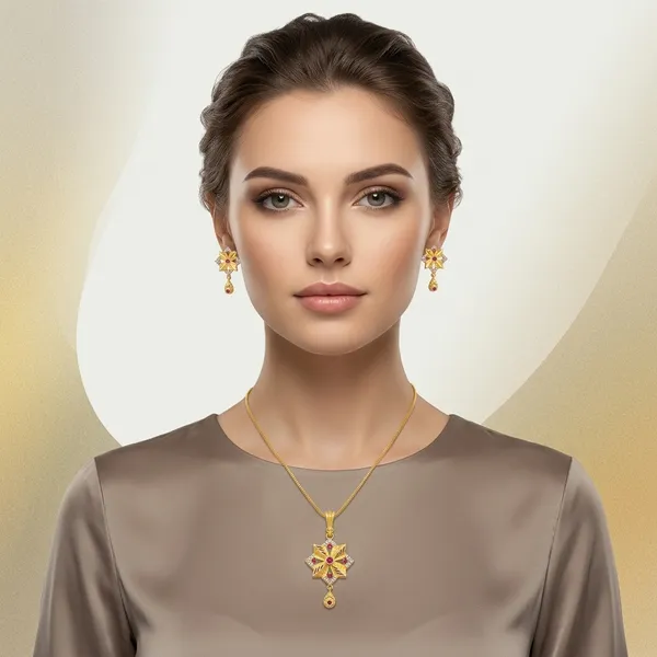 Gold_Plated_Pink_Stone_Floral_Pendant_Set_With_Chain_And_Earrings