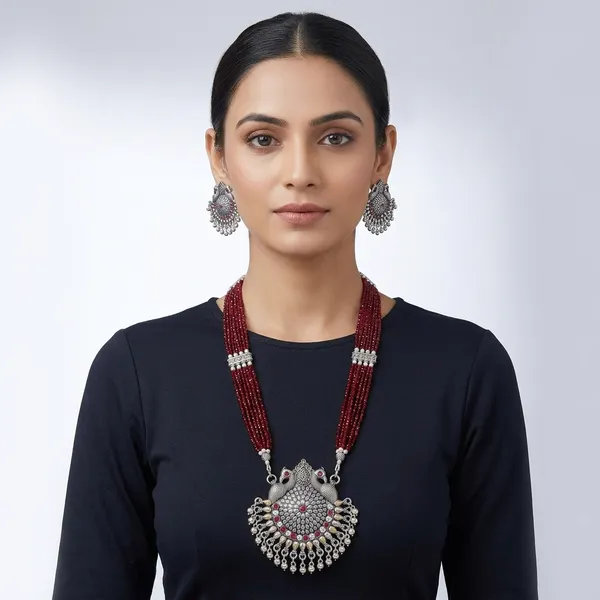 Oxidized_Silver_Red_Beaded_Necklace_Set_With_Matching_Earrings