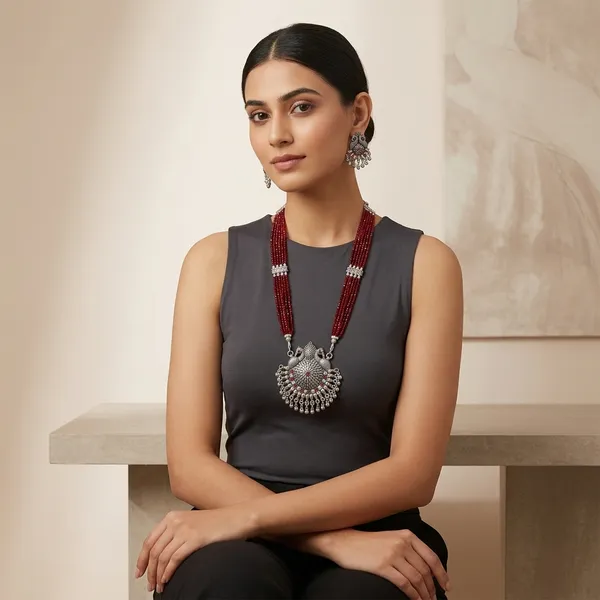Oxidized_Silver_Red_Beaded_Necklace_Set_With_Matching_Earrings