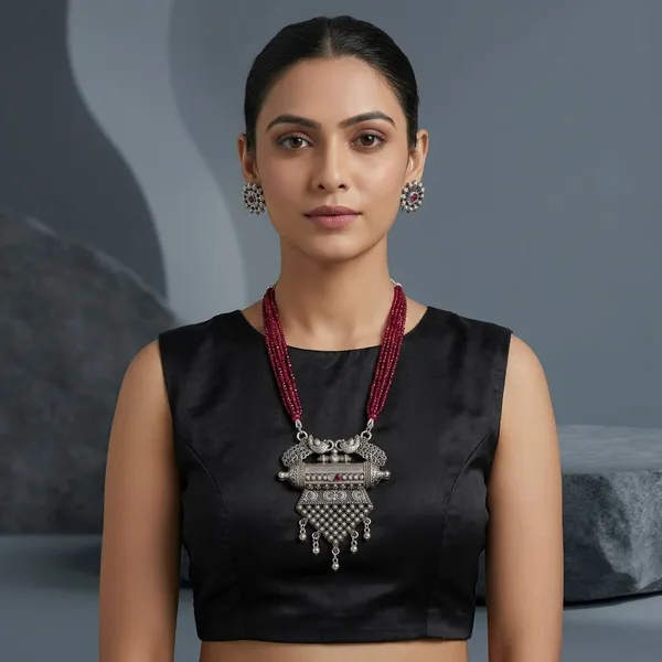 Silver_Oxidised_Peacock_Design_Necklace_Set_With_Ruby_Beads